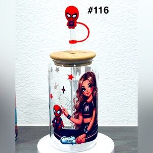 Spider-Themed Glass Tumbler with Straw